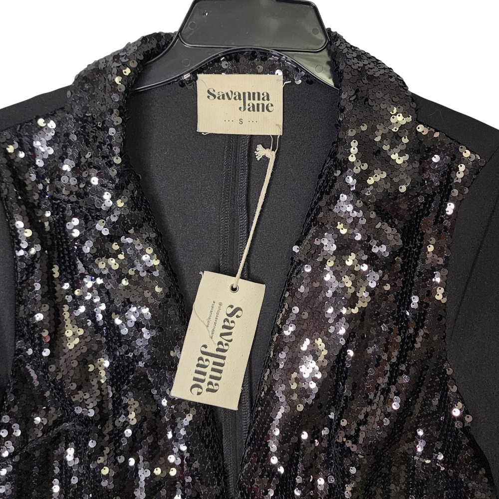 Savanna Jane Black Sequin Blazer Jacket Womens Small Open Front Holiday Party